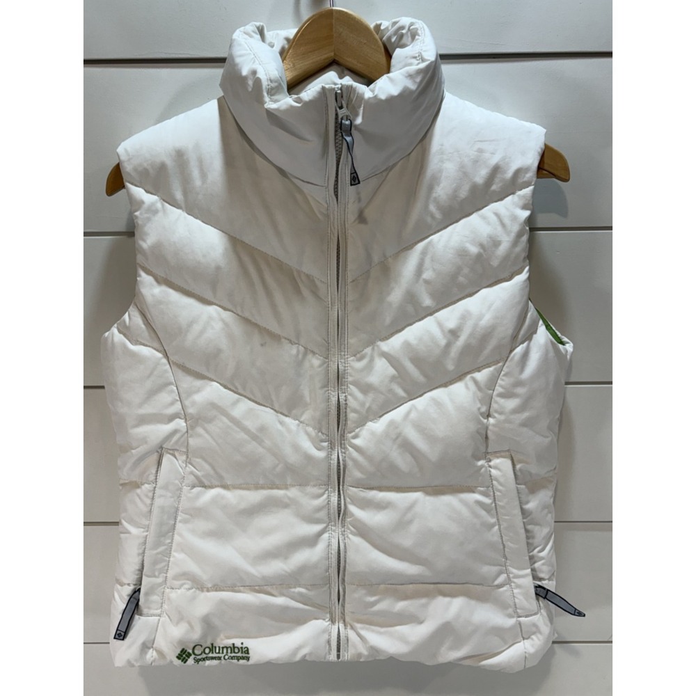 Columbia Down Vest Women Medium M White Green Full Zip Goose Puffer Mock Neck